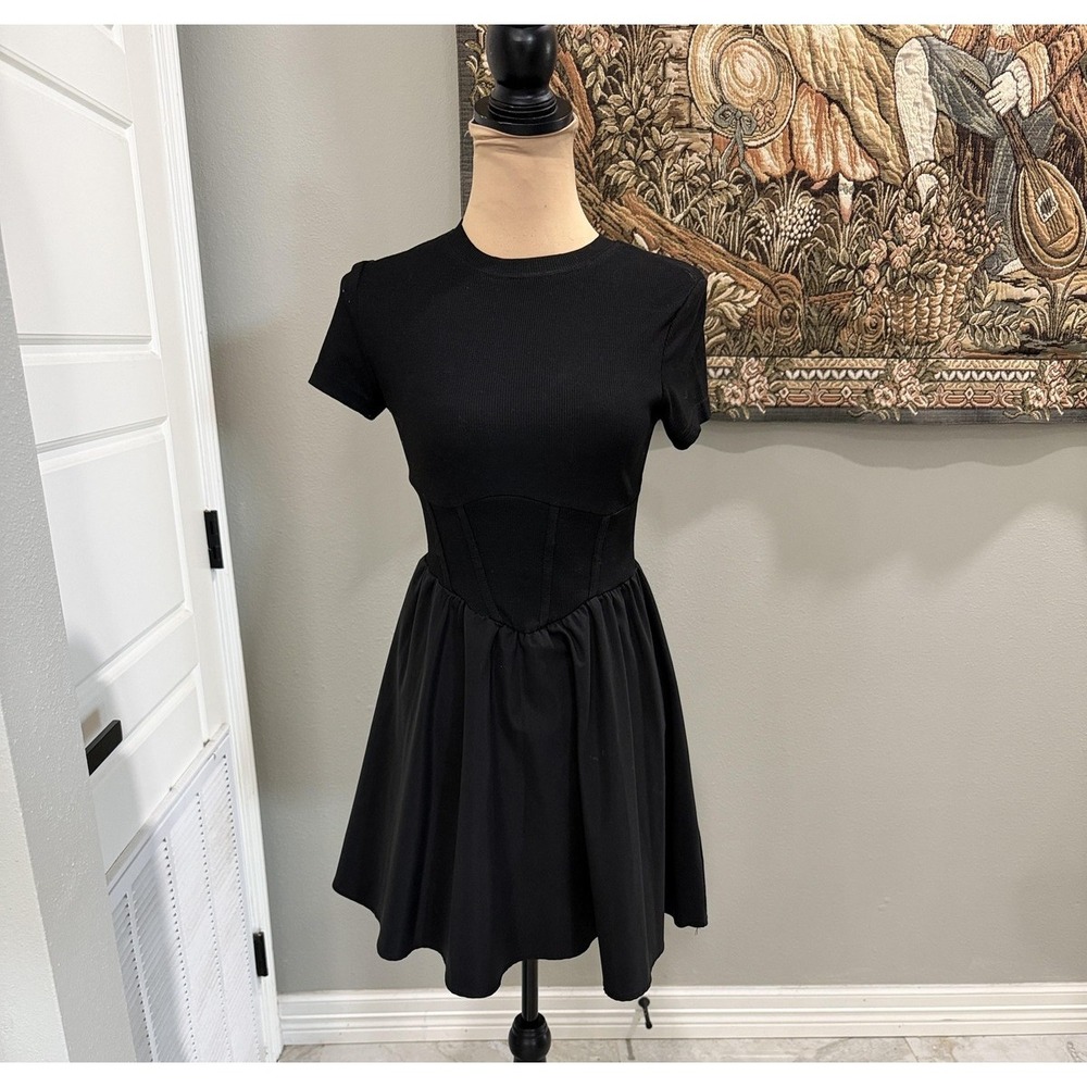 SheIn Dress Womens XS Black Short Sleeve Corset Waist Skater Mini Fit Flare